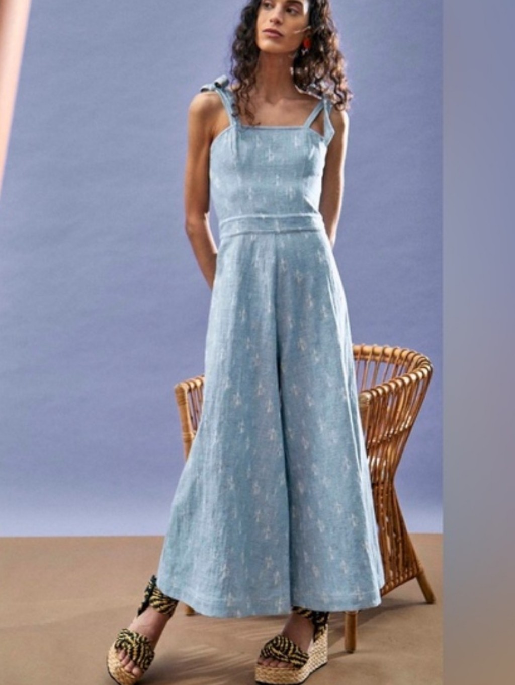 Hunter Bell Jumpsuit, Size 2, Light Blue, Denim, Wide Leg, Ikat Pattern — image 2 of 8
